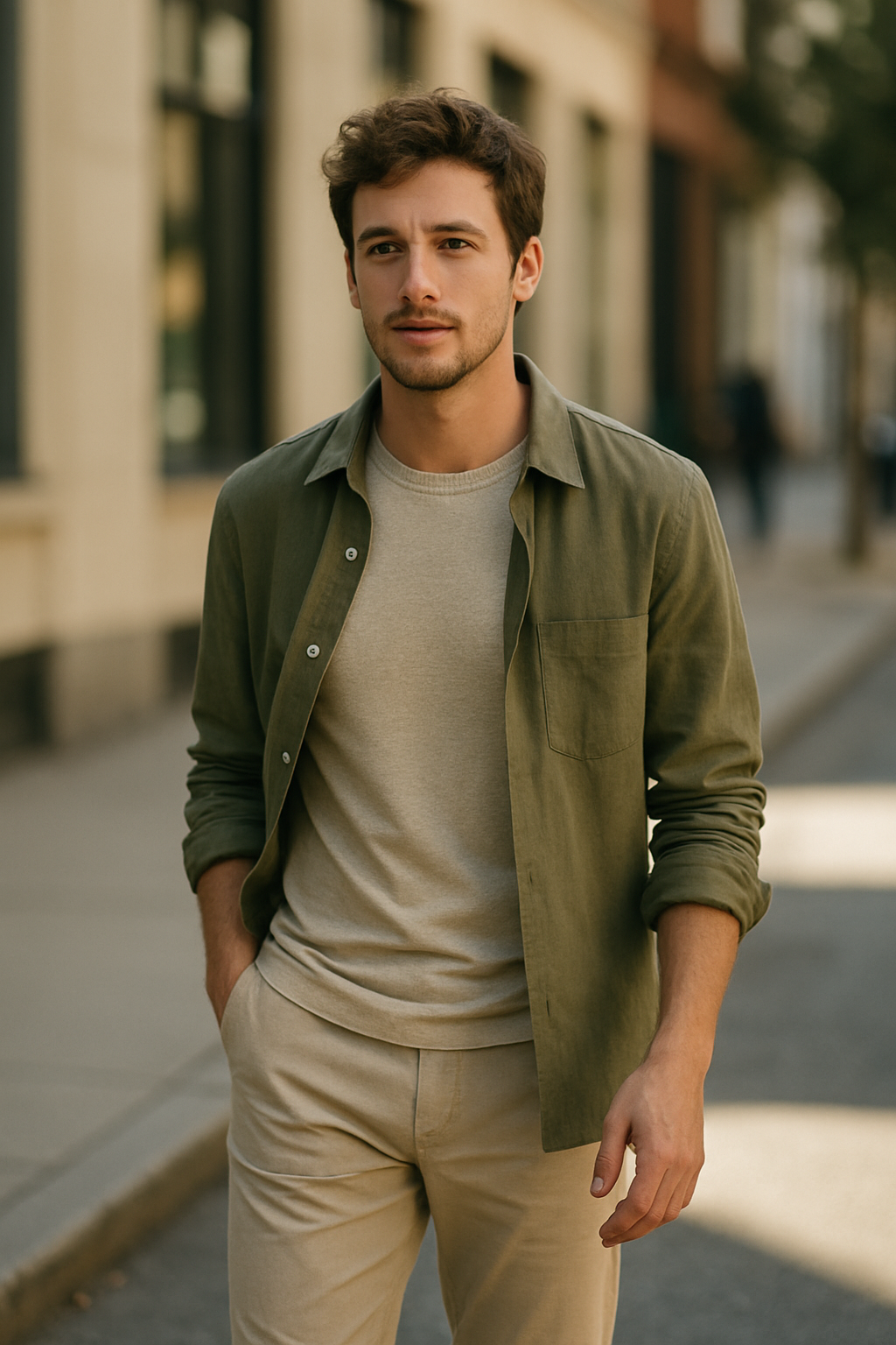 A man in a lightweight green blazer with a light shirt, walking on the street, looking stylish.