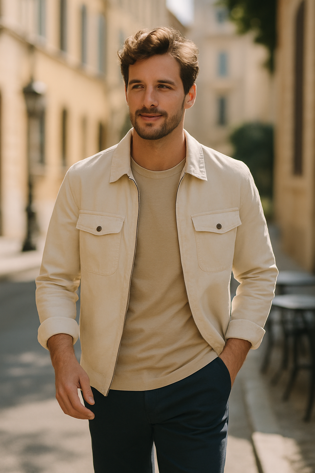 A man wearing a light beige travel jacket with a stylish fit, walking in a sunny street.