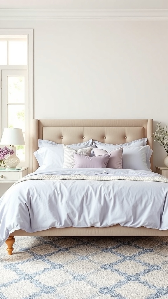 A cozy lilac-themed bedroom with soft bedding, decorative pillows, and a light beige bed frame.