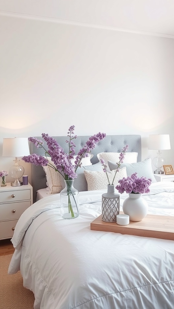 A cozy lilac-themed bedroom with flowers and accessories.