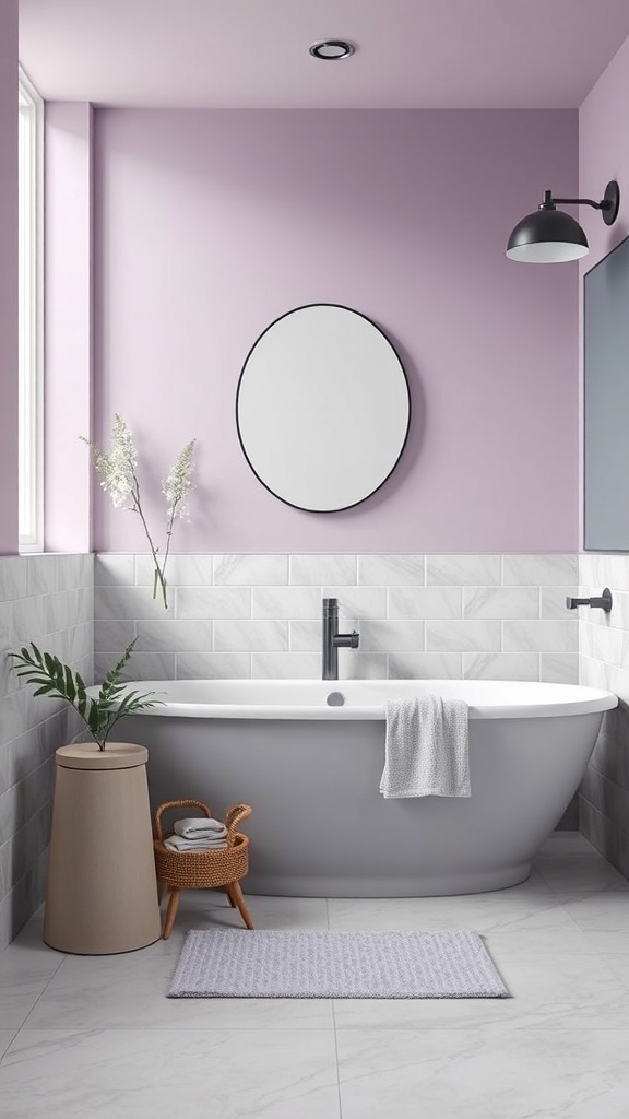 A bathroom featuring lilac walls, gray tiles, a modern bathtub, and minimalist decor.