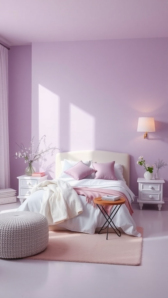 A cozy lilac bedroom with white bedding, a small wooden table, and a knitted pouf.
