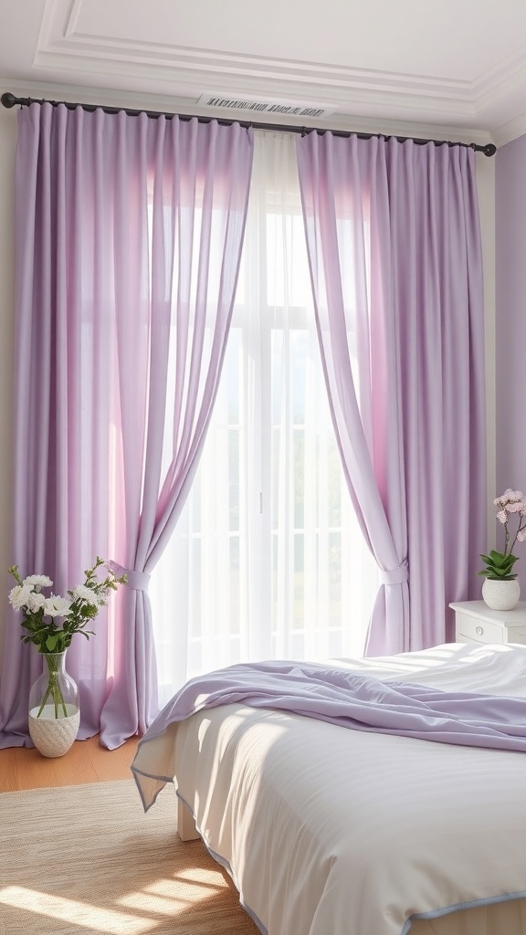 A bedroom with lilac curtains filtering soft light through the window, complemented by a vase of flowers.