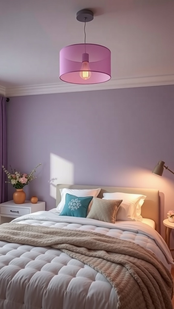 A cozy lilac bedroom with a pink lighting fixture and soft bedding.