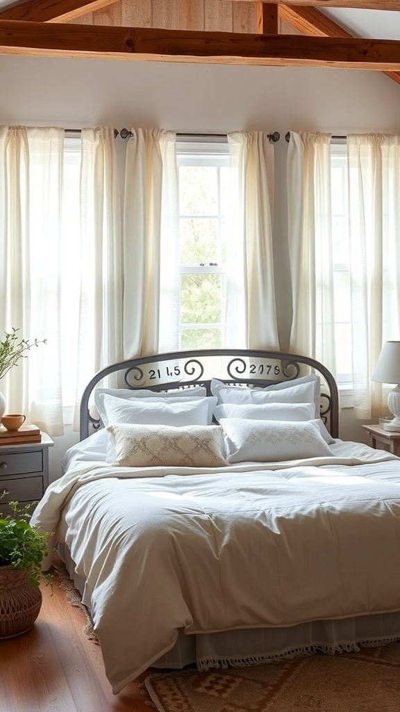 A vintage farmhouse bedroom featuring a cozy bed with white linen and cotton fabrics, light curtains, and a touch of greenery.