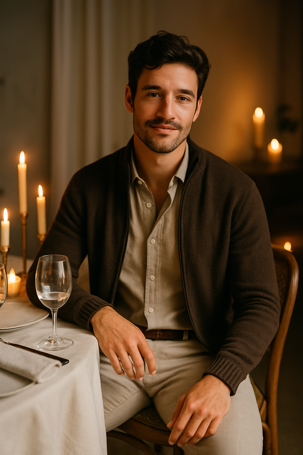 A man in a cozy setting wearing linen pants with a cardigan, showcasing a stylish date night outfit.