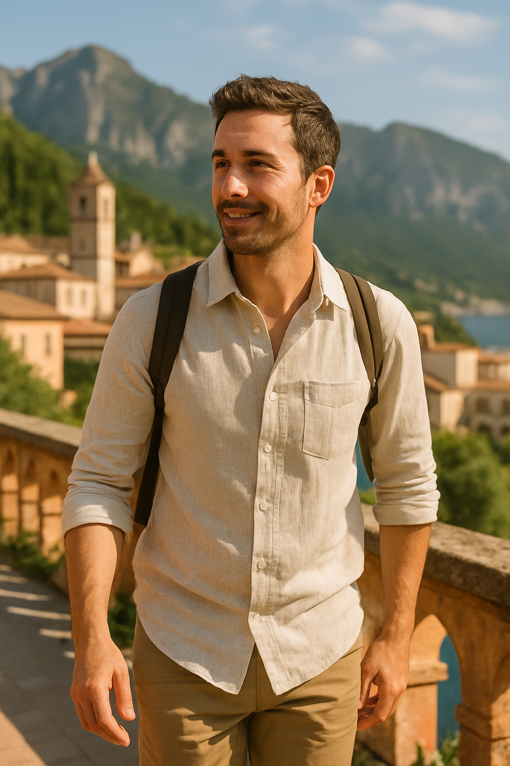 A man wearing a light beige linen shirt walking in an attractive outdoor setting with mountains in the background.