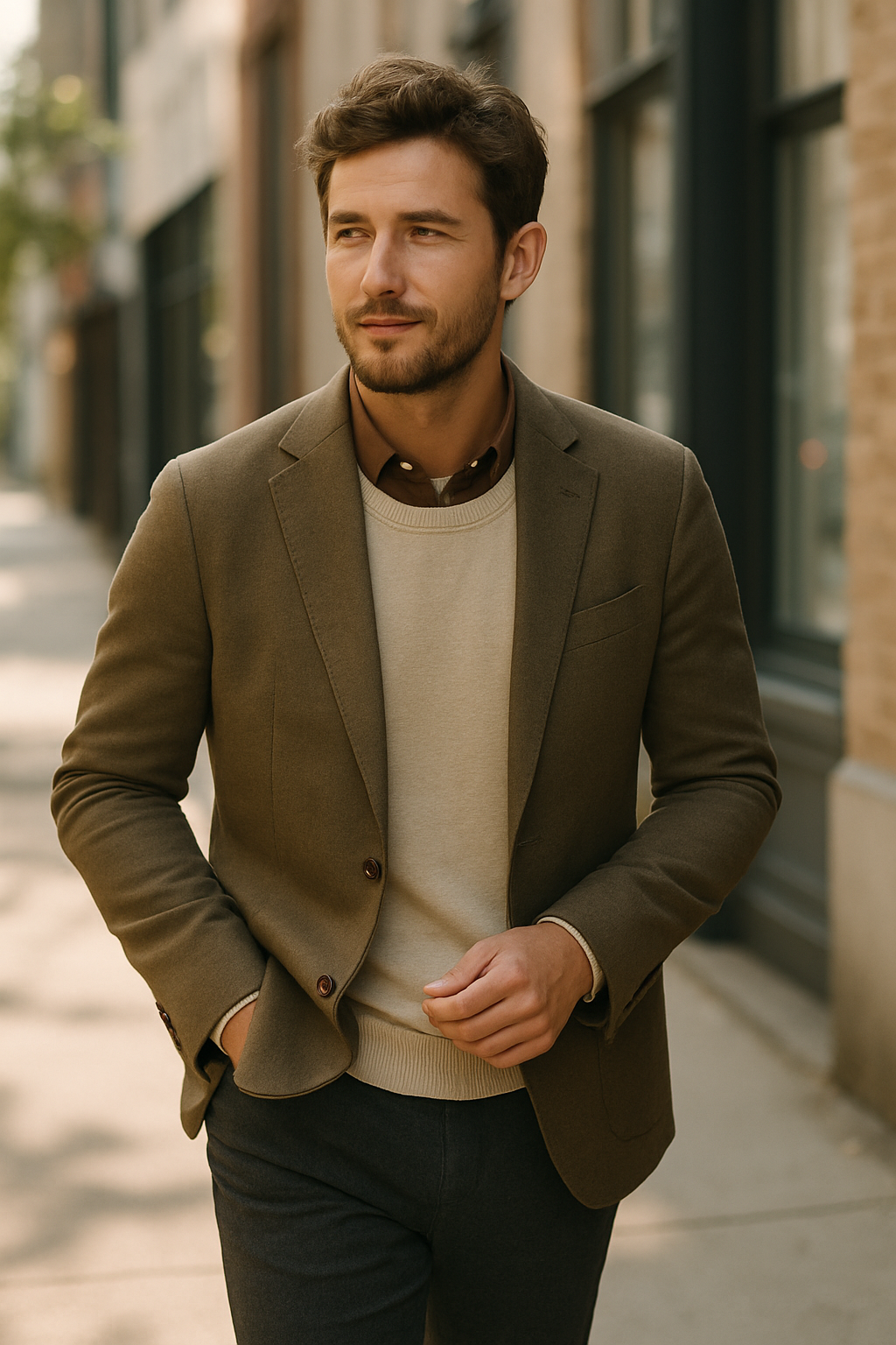 A man wearing a stylish linen suit, walking confidently on a city street.