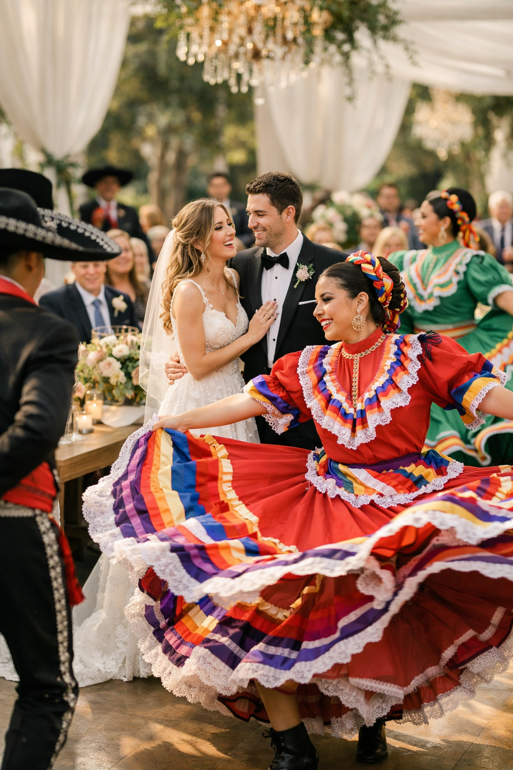 A vibrant live dance performance at a Mexican wedding, showcasing traditional attire and a joyful atmosphere.