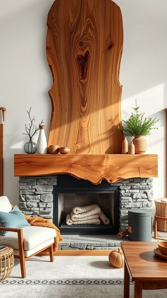 A rustic fireplace mantel made of live edge wood, featuring a stone fireplace and cozy decor.