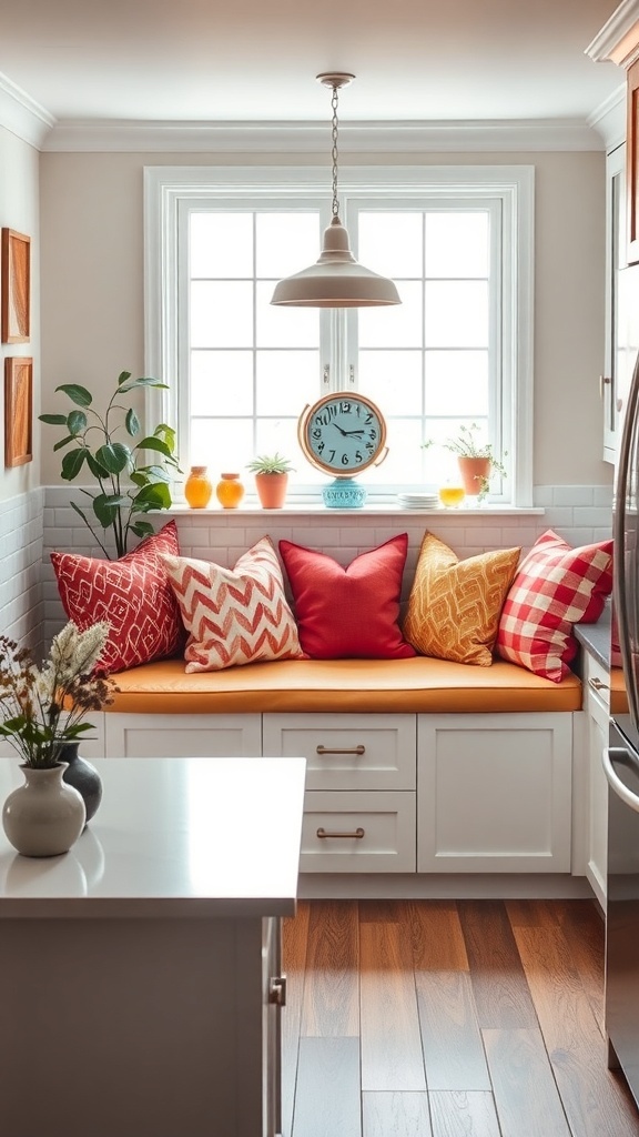 A cozy breakfast nook with colorful pillows, a large window, and plants.