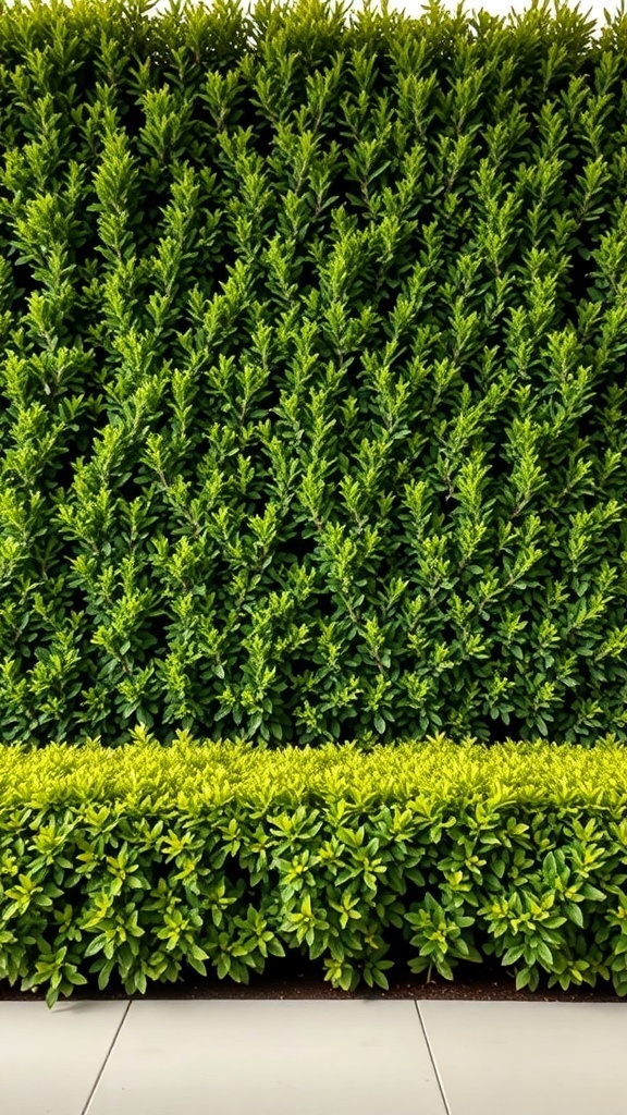 A dense green hedge with a lower layer of bright green foliage, creating a natural fence.