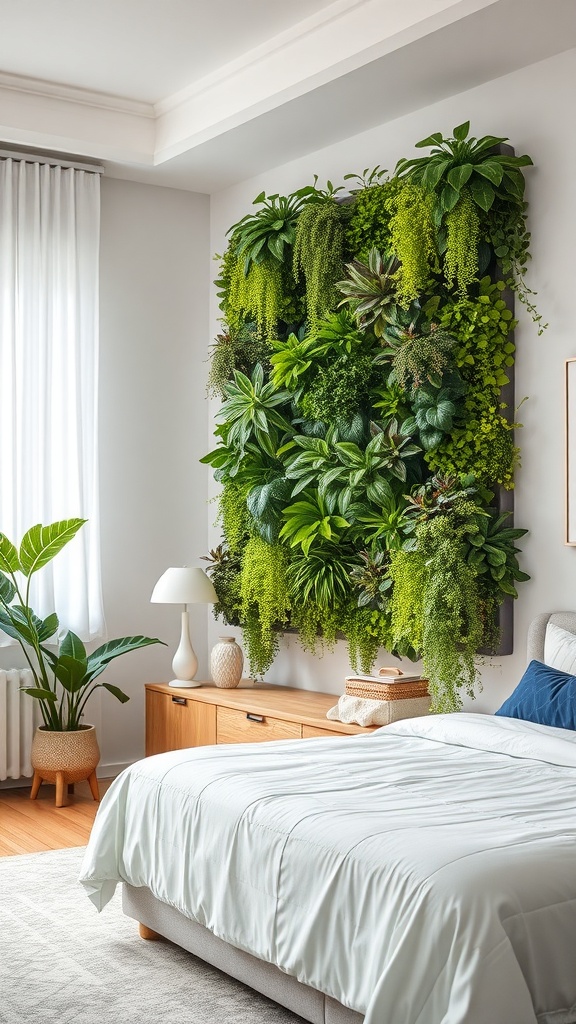 A living plant wall installation in a bedroom, featuring various green plants above a bed.