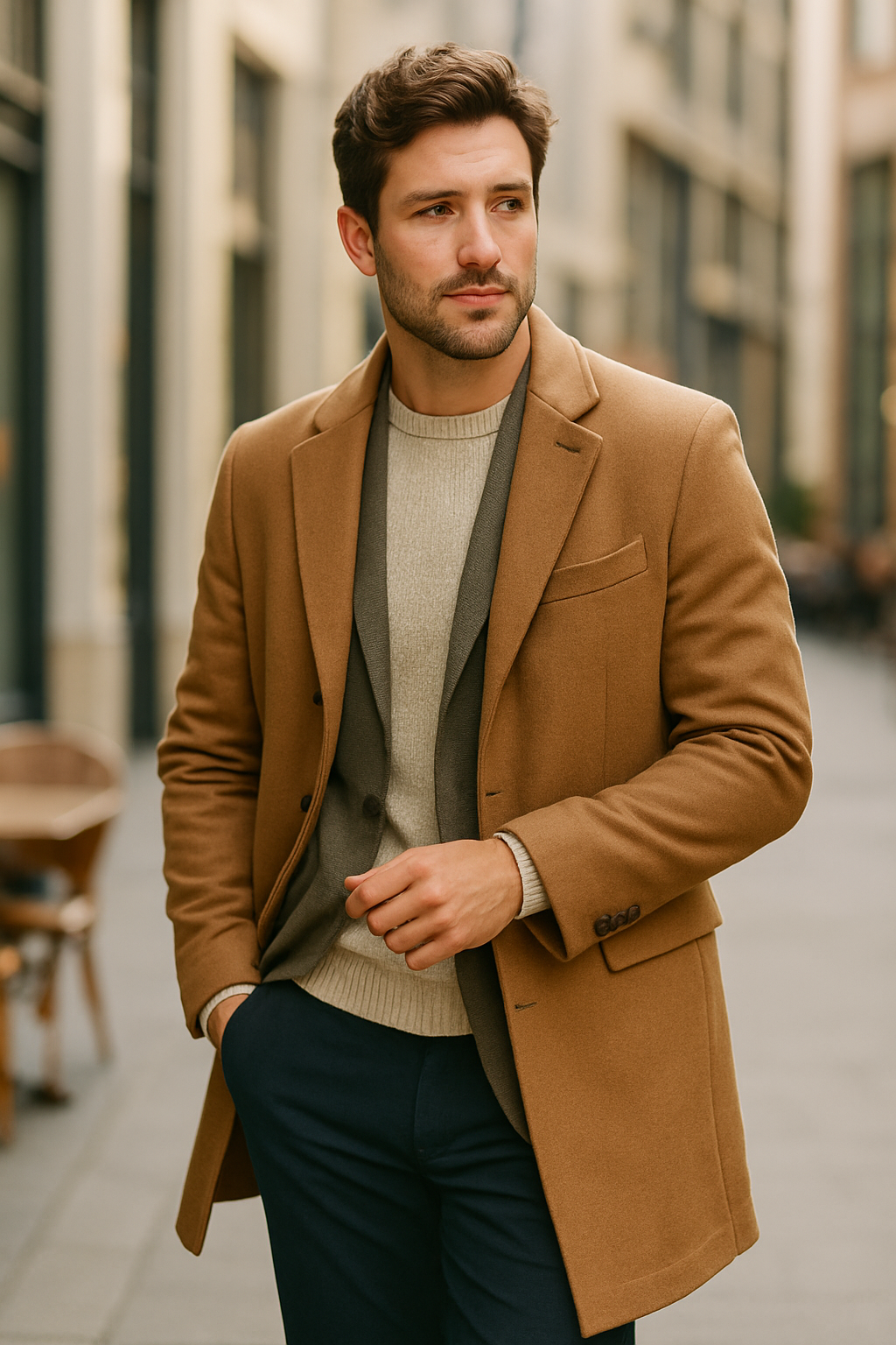 A well-dressed man in a stylish coat and sweater, walking confidently in loafers.