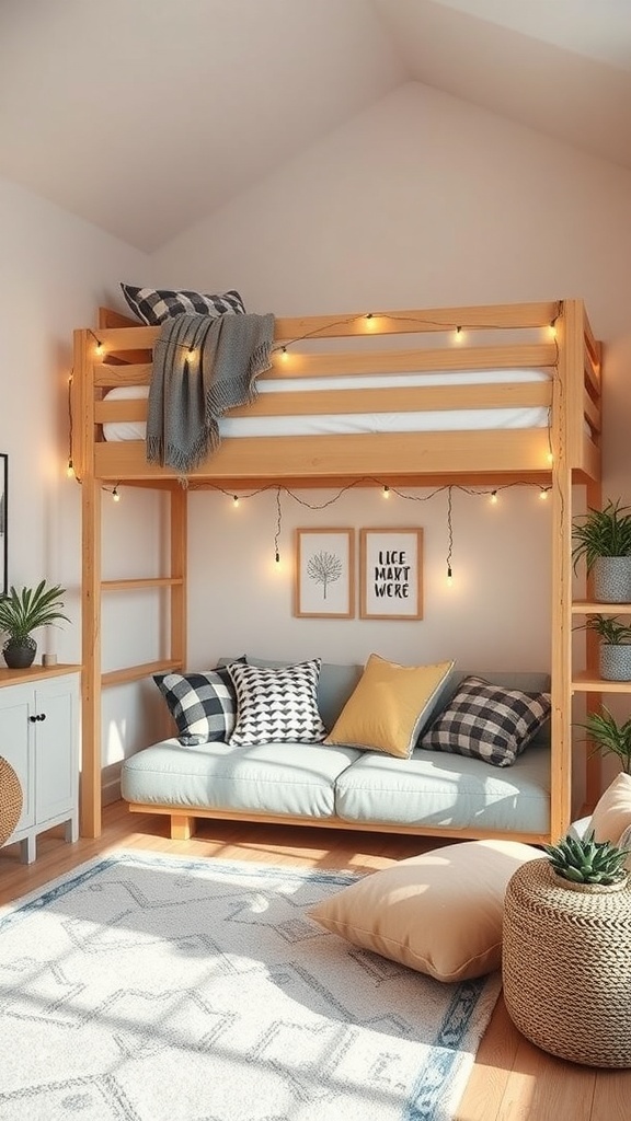 A lofted bed with a lounge area underneath, featuring string lights and colorful cushions.