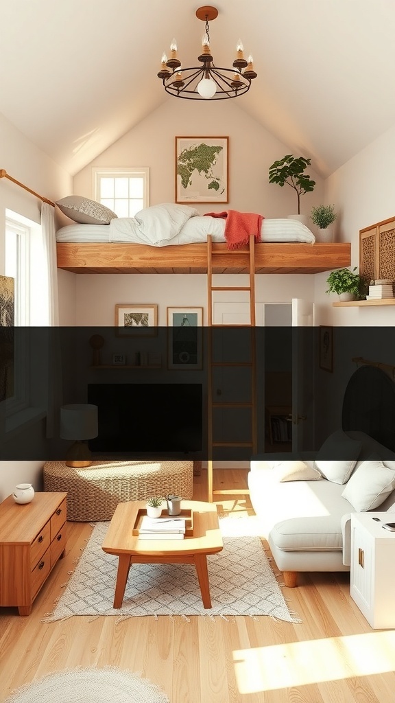 A cozy tiny house interior featuring a lofted bedroom with a ladder, warm wood tones, and a bright living area.