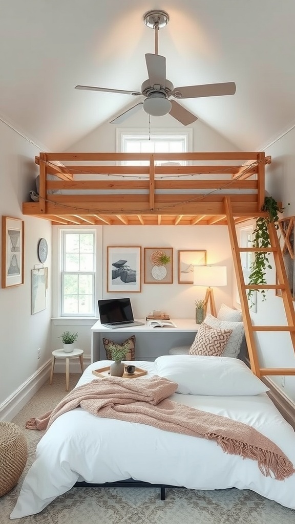 A small bedroom featuring a lofted bed with a wooden frame, a desk underneath, and a cozy bedding setup.