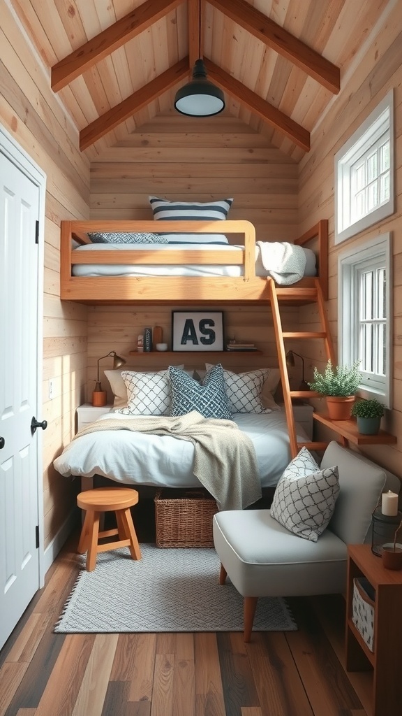 Interior of a tiny cabin featuring a lofted bed, lower bed, and cozy seating area.
