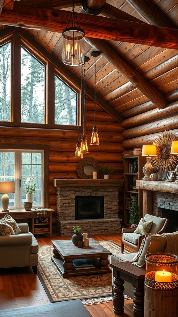 A cozy log cabin living room with pendant lights, large windows, and a stone fireplace.