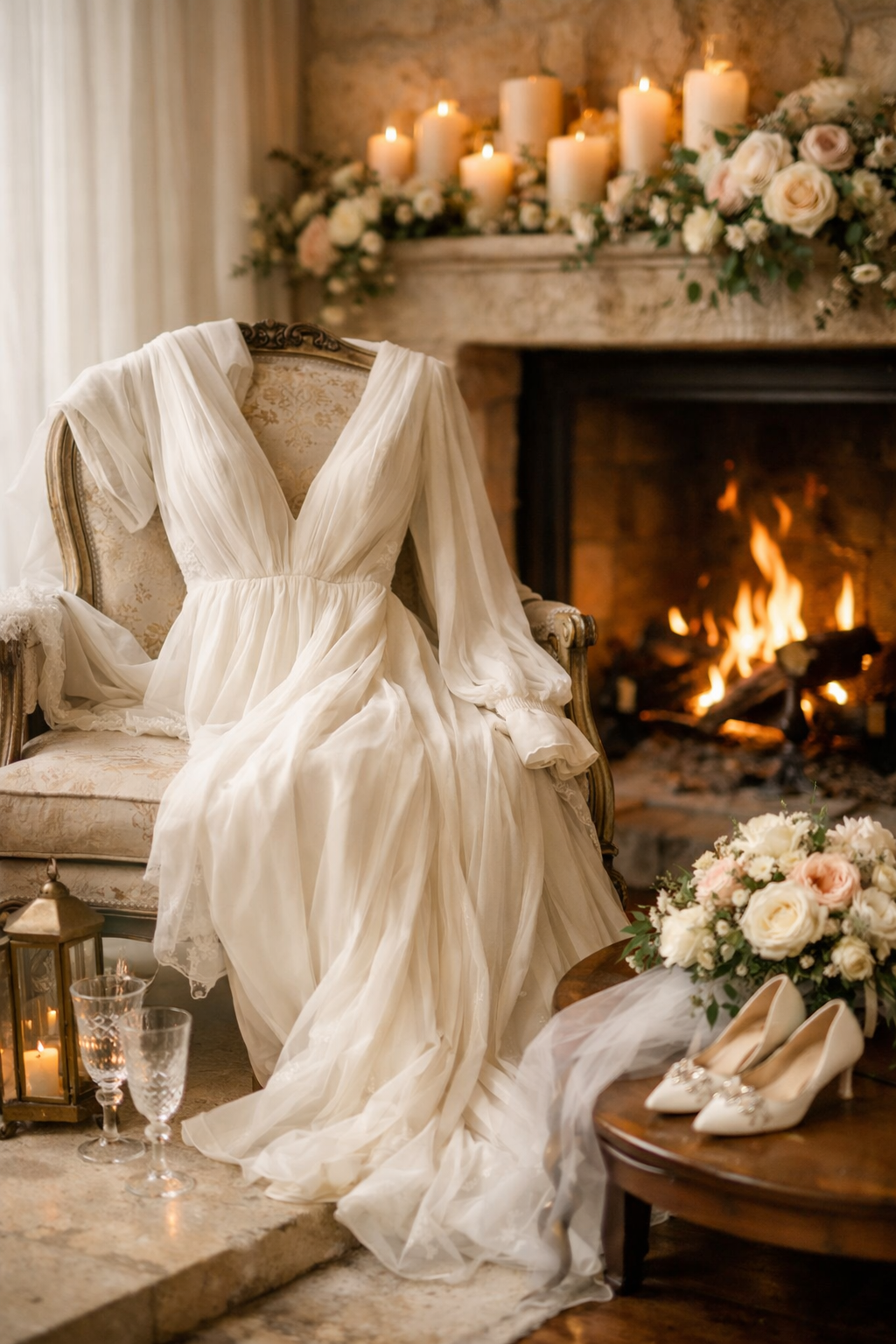 A long sleeve cream dress displayed elegantly on an armchair beside a fireplace, with decorative candles and a bouquet of flowers nearby.