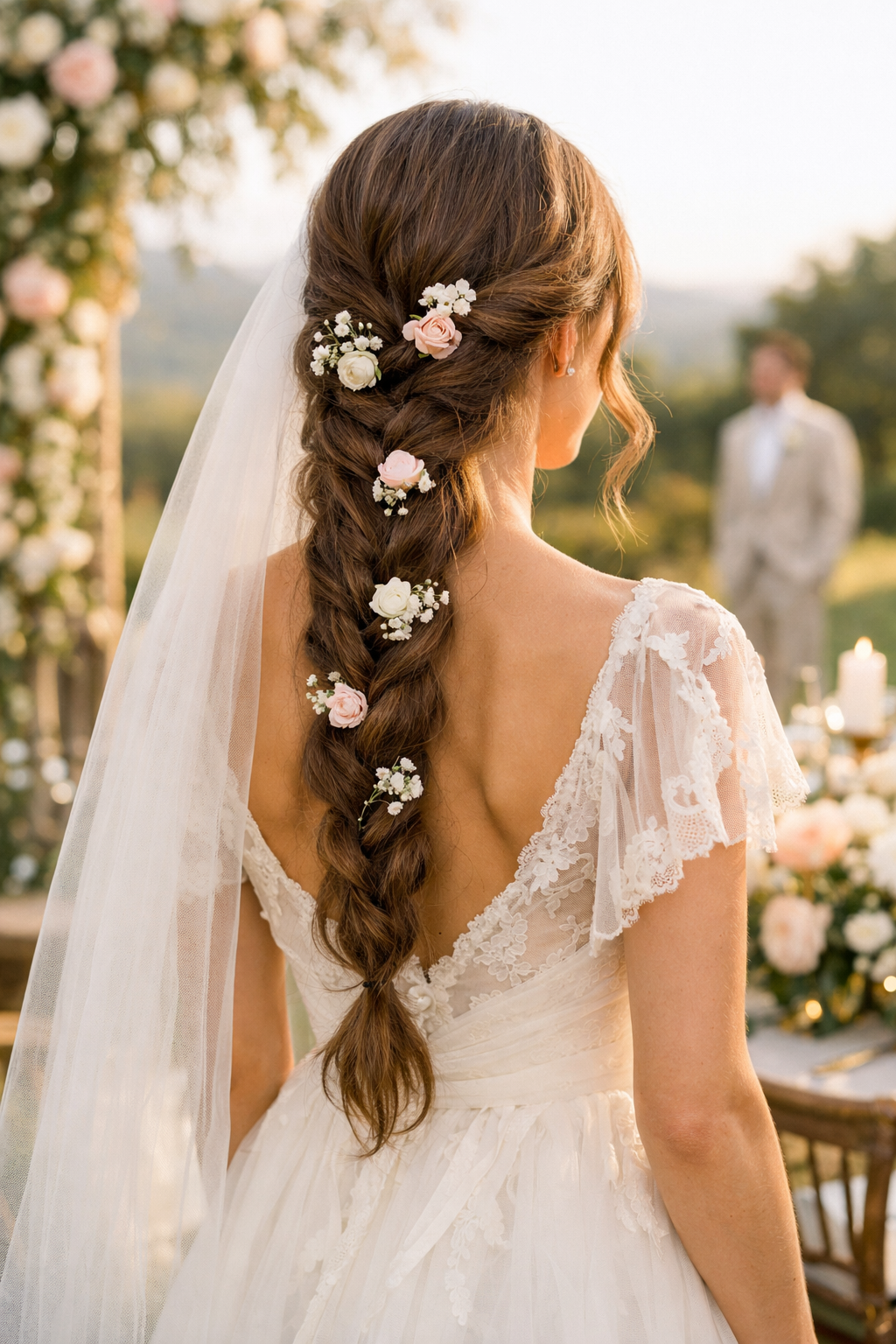 A woman with a loose braid decorated with small pink and white flowers, wearing a wedding dress with lace details.