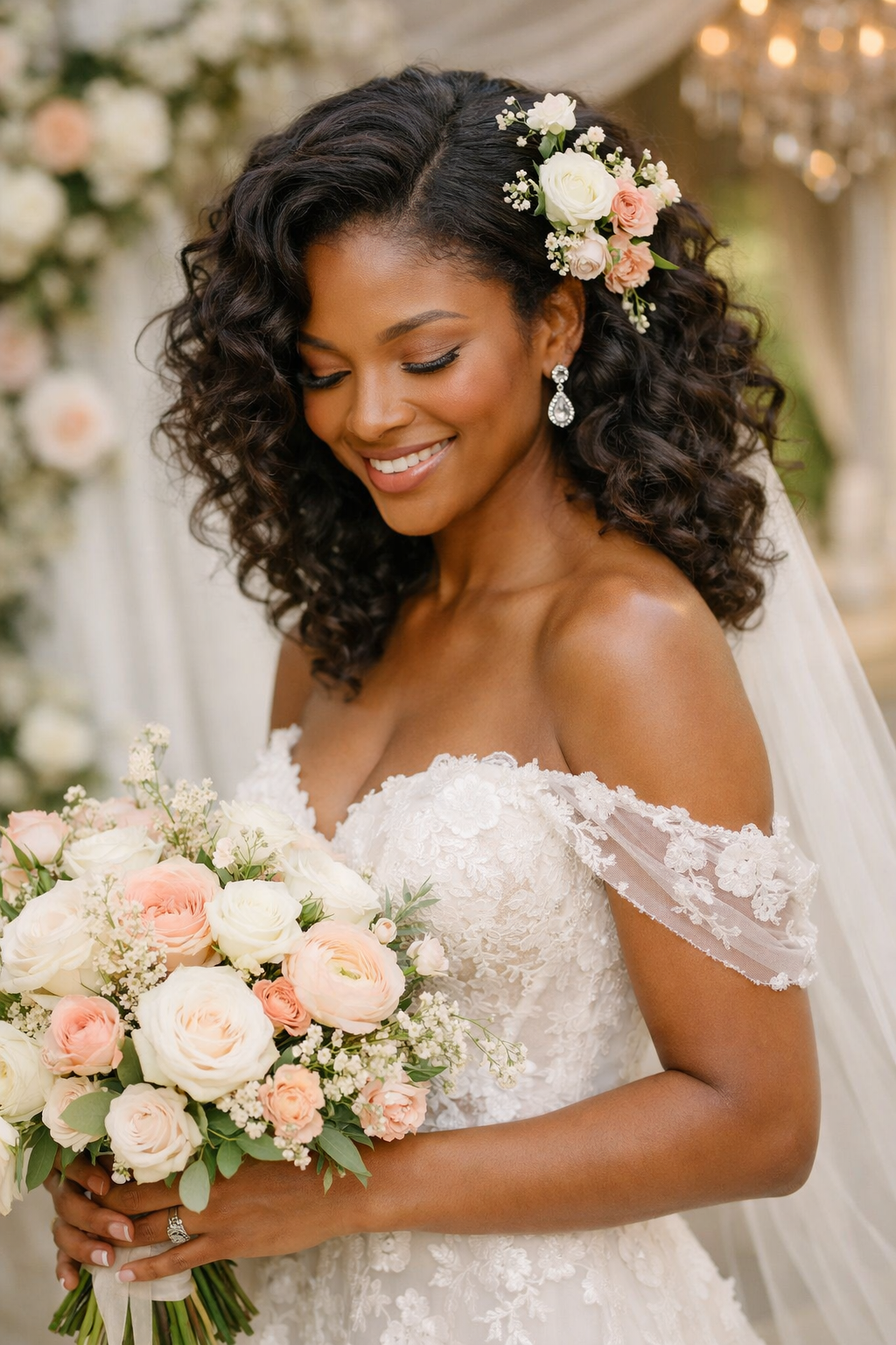 A woman with loose curls styled with floral accents, wearing a wedding gown and holding a bouquet of roses.