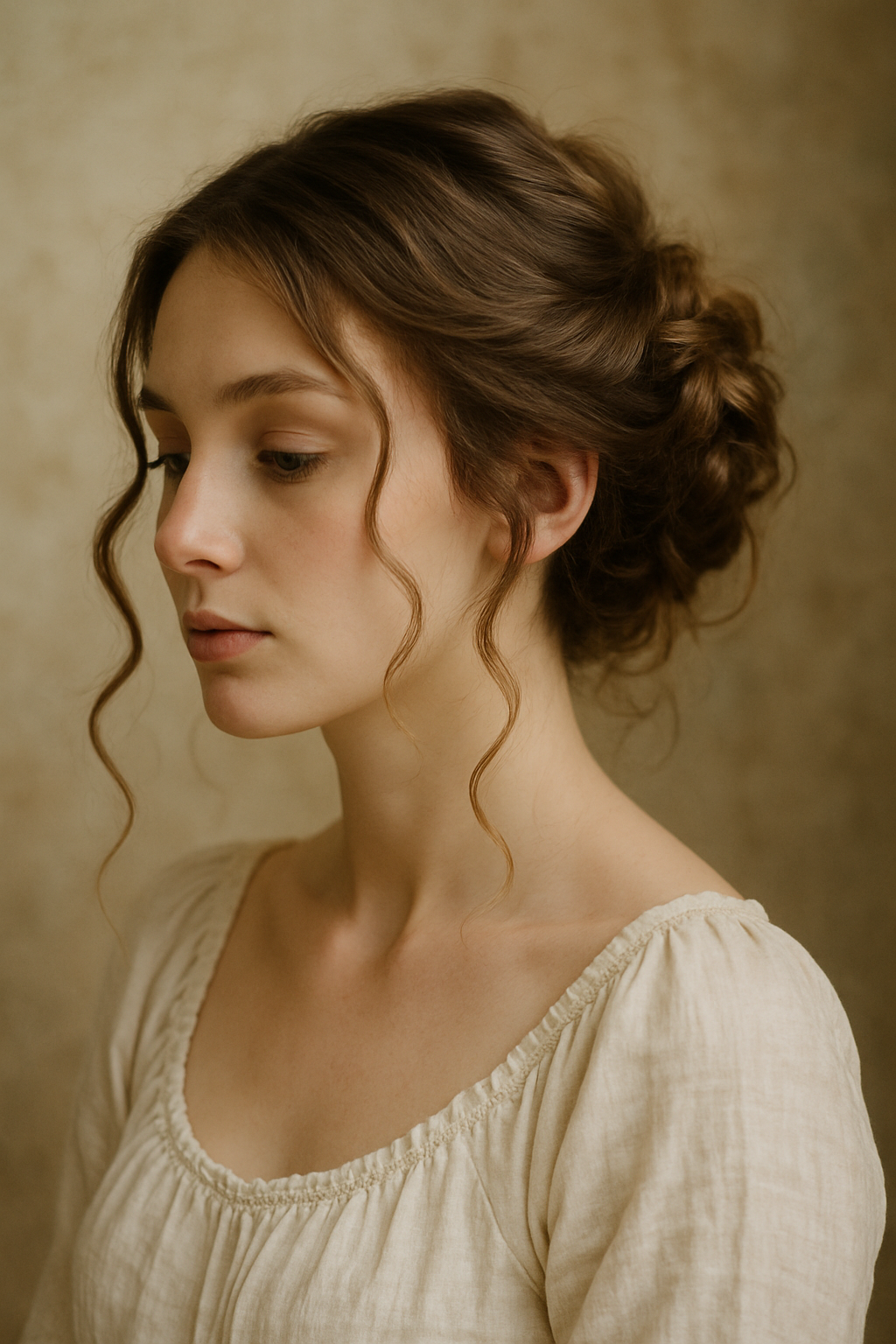 A woman with a loose updo hairstyle featuring tendrils, wearing a simple, elegant top.