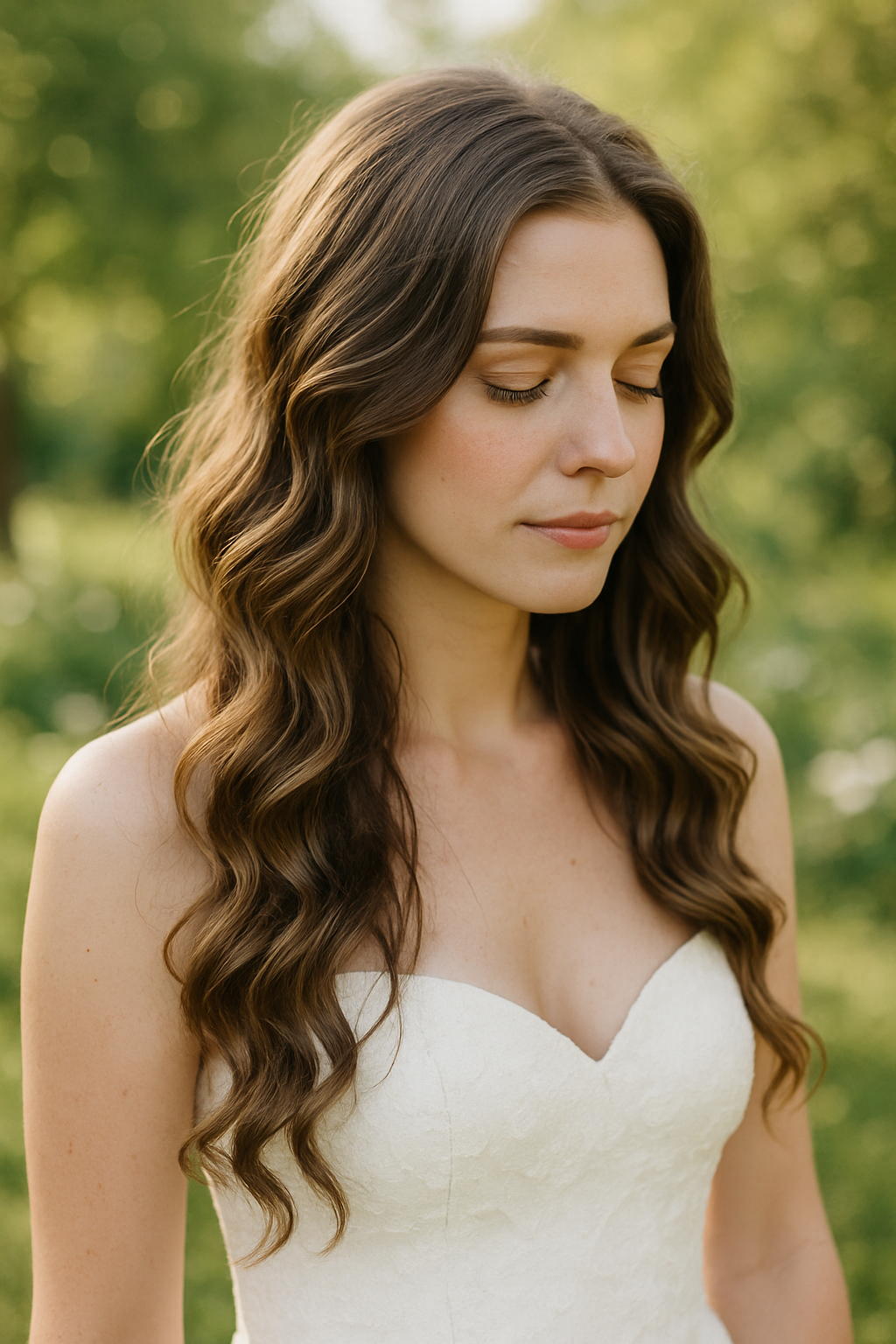 Bride with loose waves hairstyle wearing a strapless wedding dress