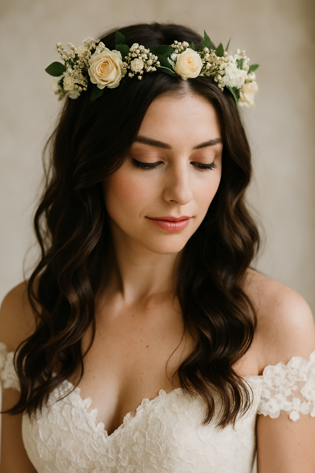 A bride with loose waves and a floral crown, showcasing a romantic wedding hairstyle.