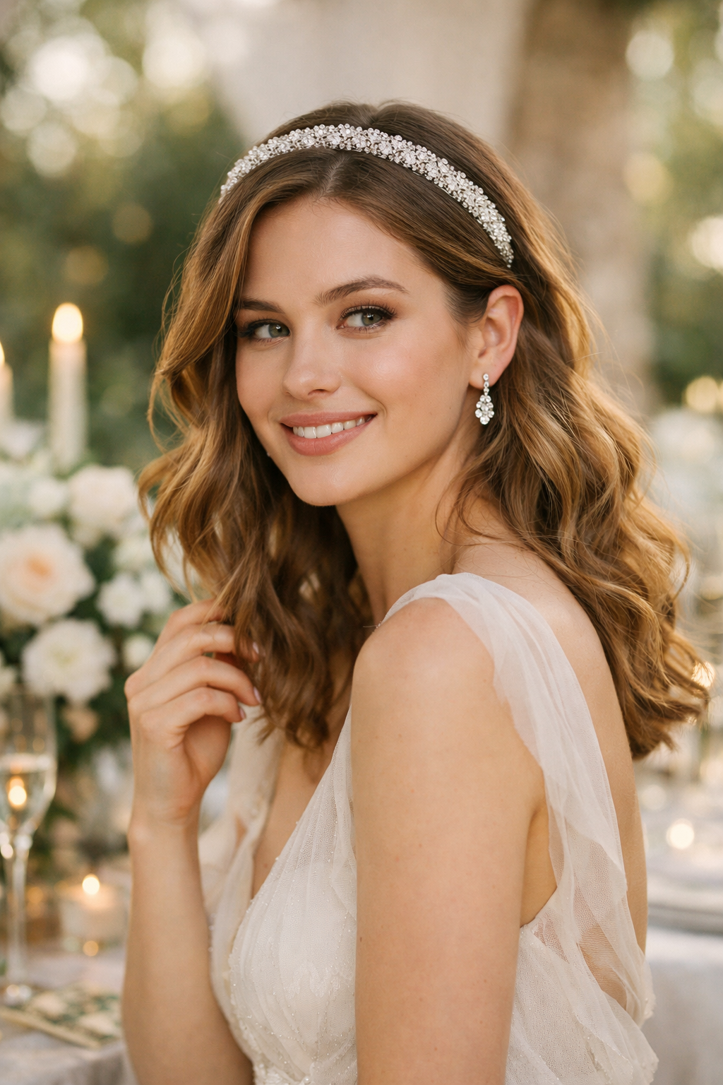 A woman with loose waves and a sparkling headband