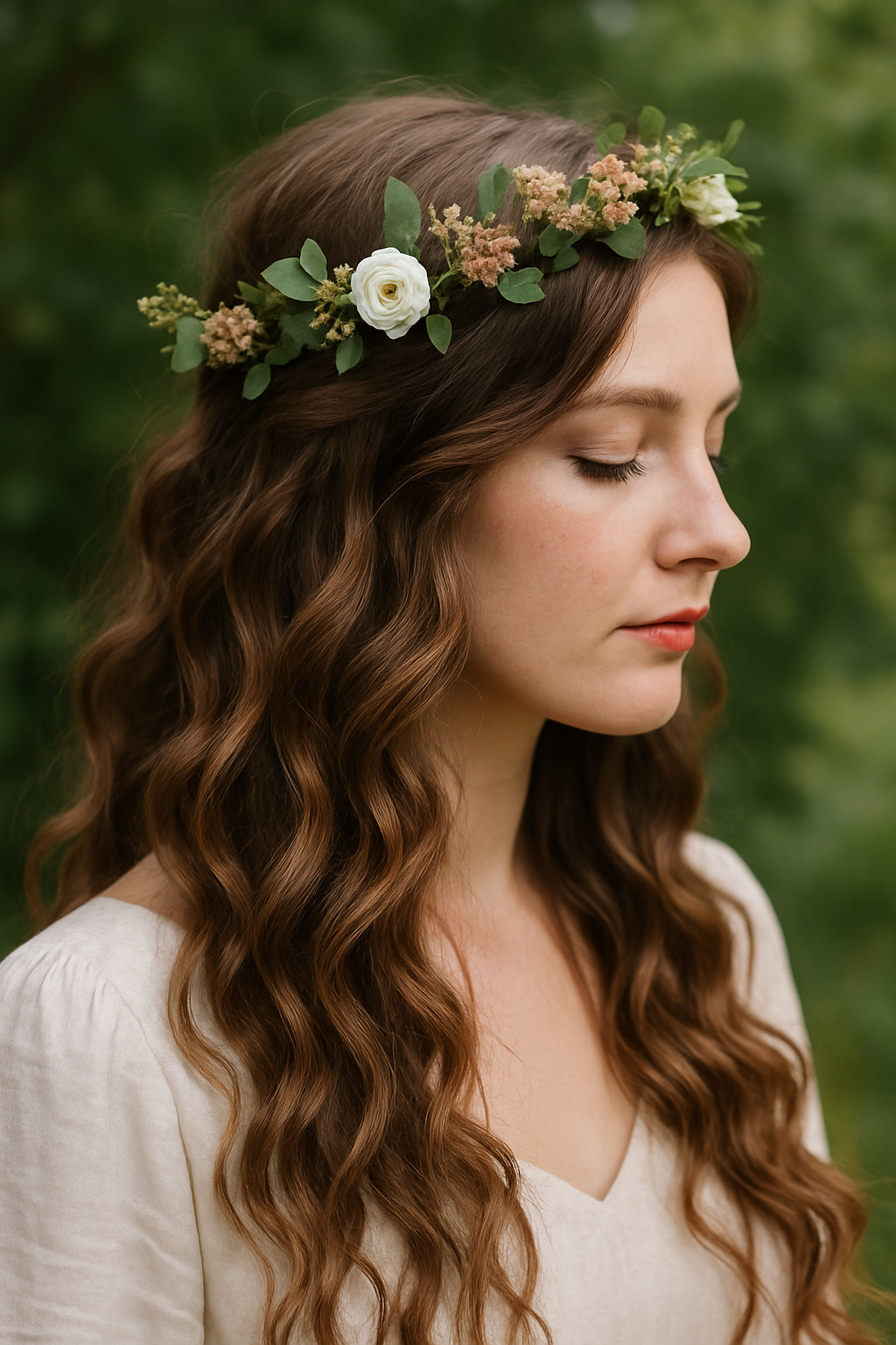 A woman with loose waves and a floral crown, showcasing a romantic wedding hairstyle.