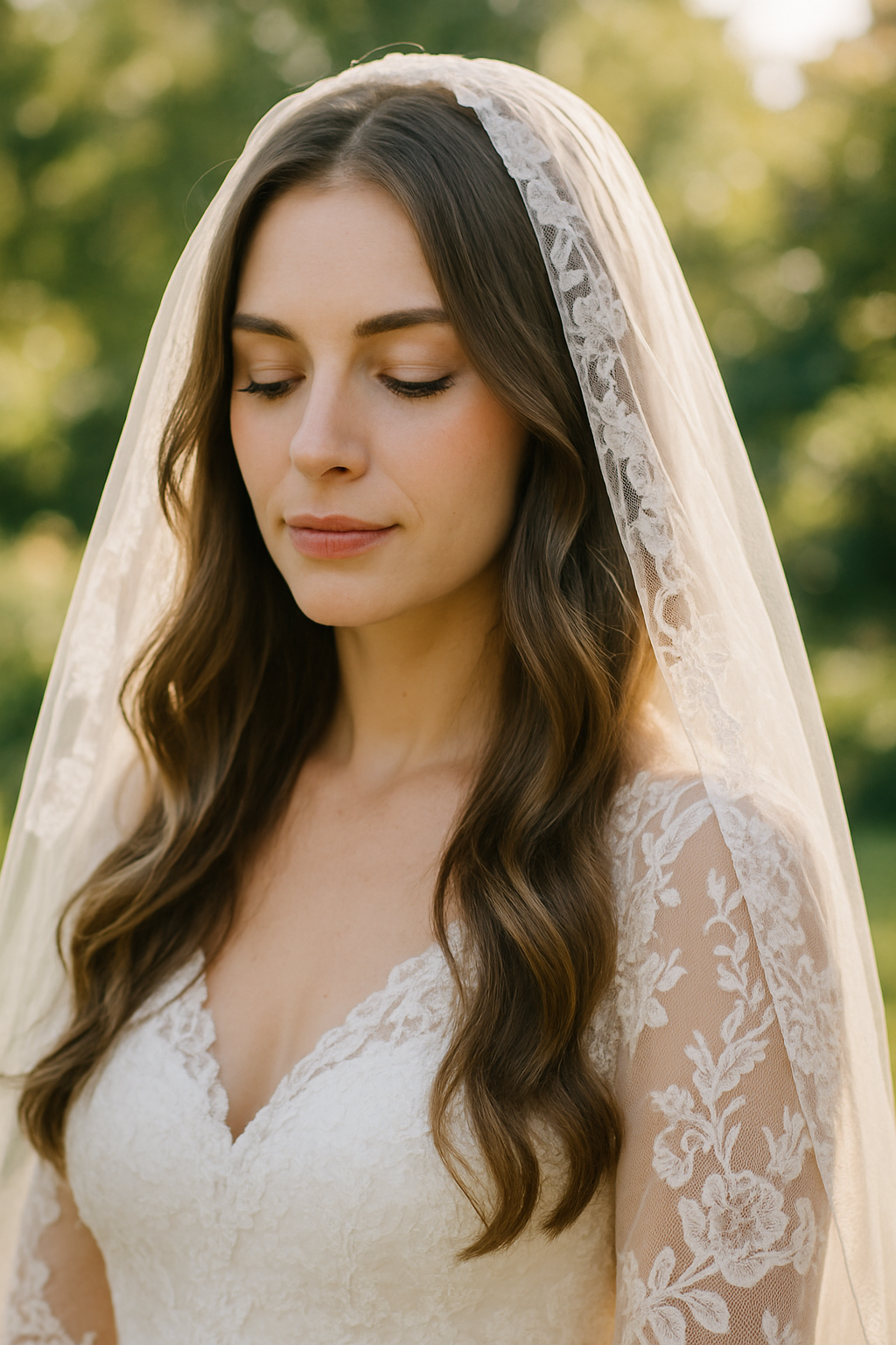 Bride with loose waves and a long veil, showcasing a romantic hairstyle.