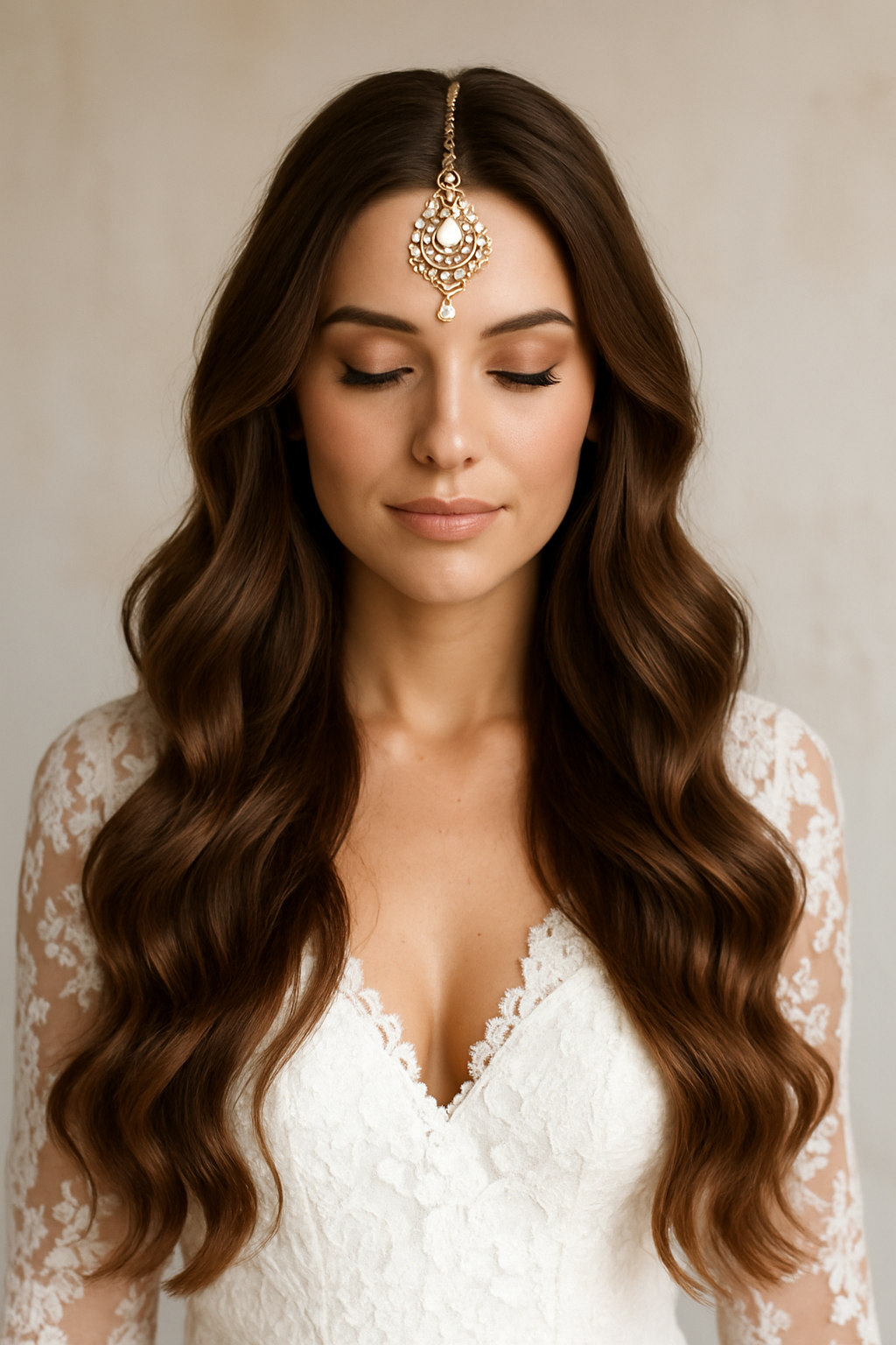 A bride with loose waves and a maang tikka, showcasing a beautiful hairstyle.