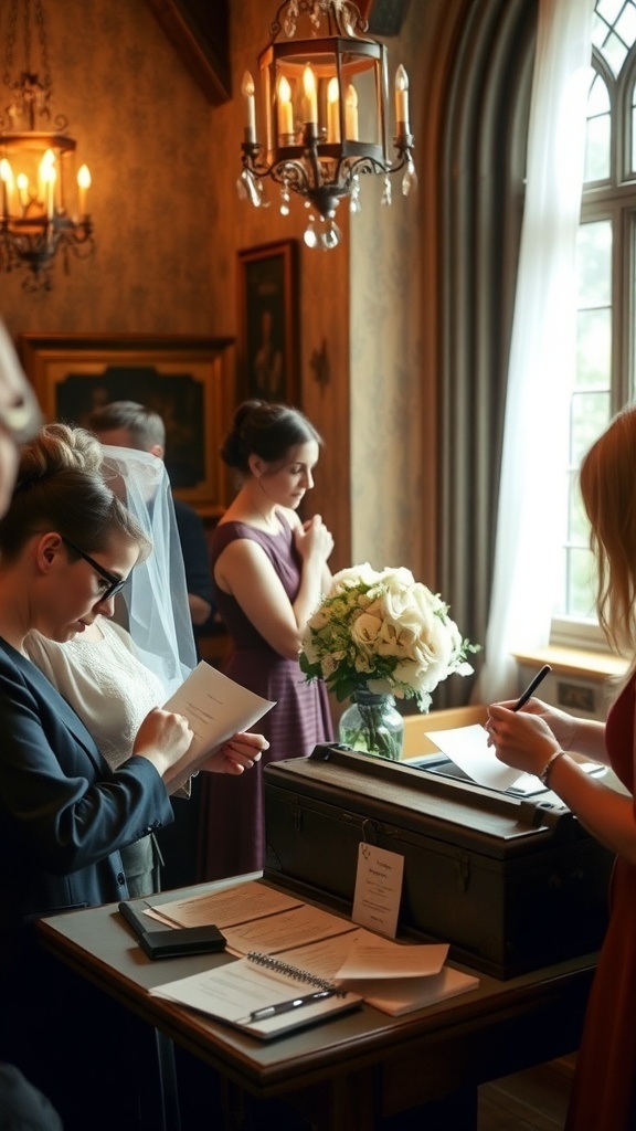 Guests writing letters at a bridal shower with elegant décor.