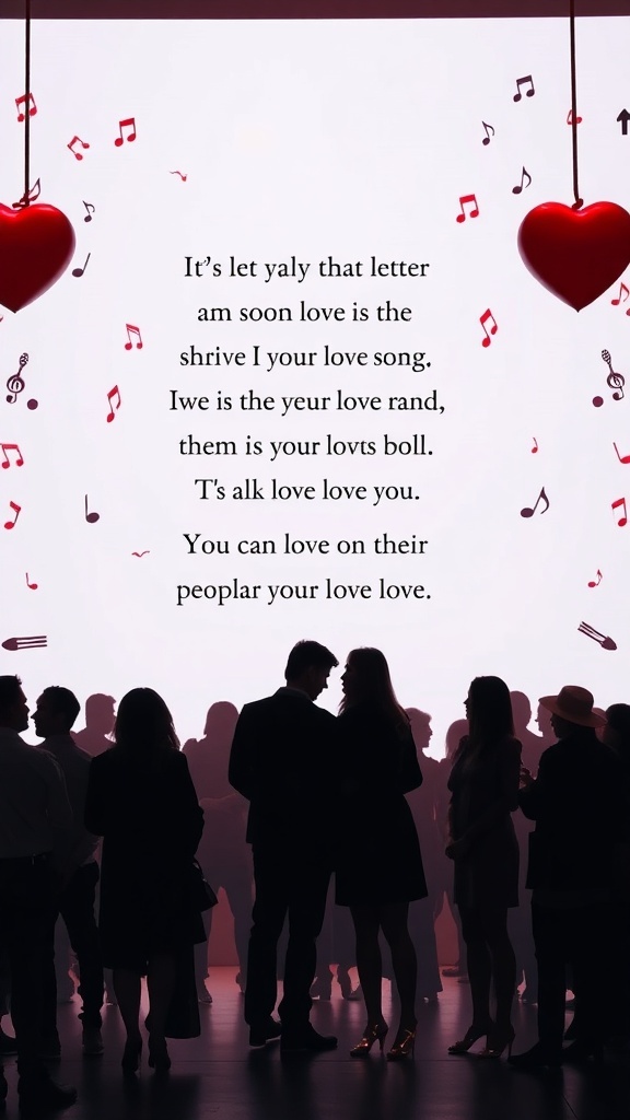 An artistic depiction of a romantic atmosphere with shadows of people and heart-shaped decorations, suggesting a musical theme.