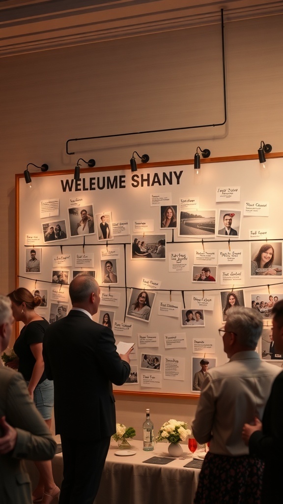 A wedding-themed photo wall with images and notes celebrating a couple's love story.