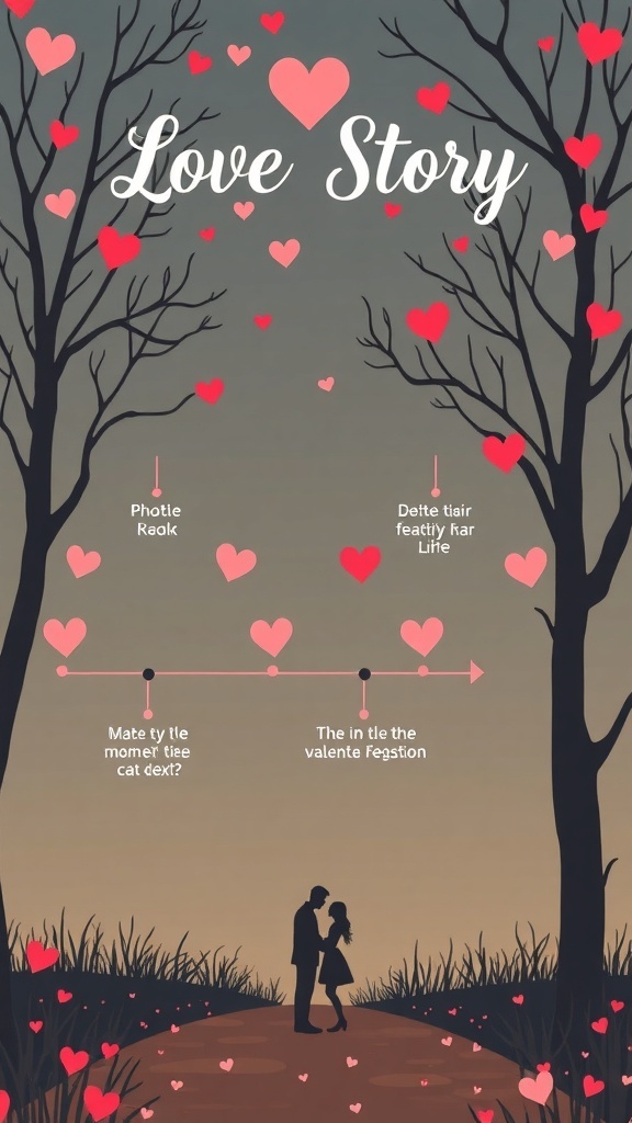 An artistic representation of a love story timeline with hearts and silhouettes.