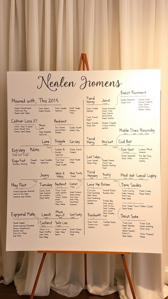 A decorative timeline board showcasing significant moments in a couple's love story.