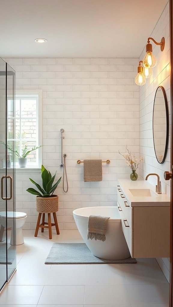 A modern bathroom featuring stylish lighting, a bathtub, and a plant.