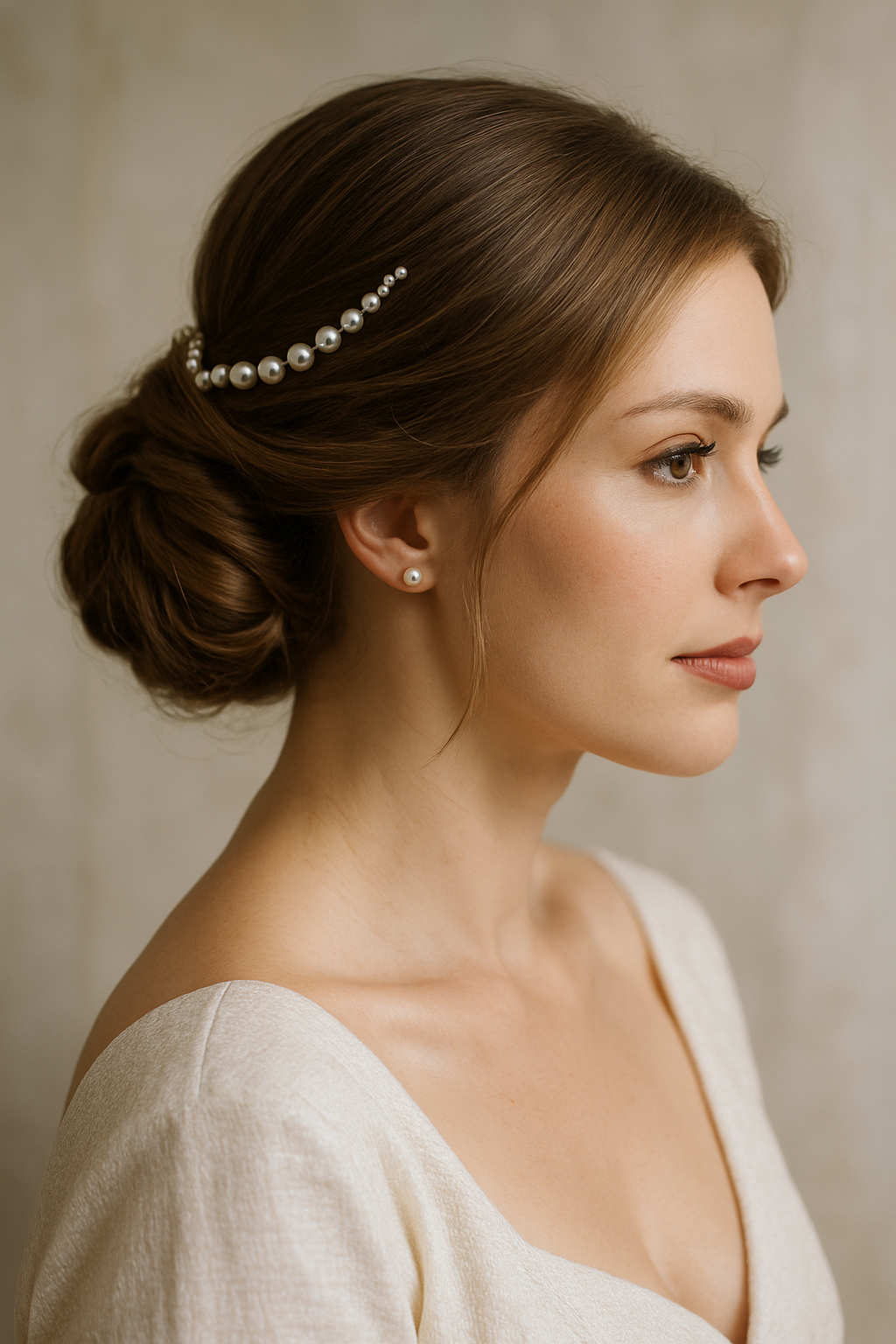 A woman with a low chignon hairstyle adorned with pearls, showcasing a classic and elegant look.
