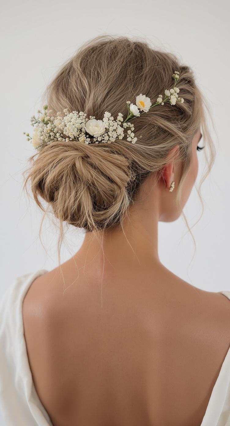 A low messy bun hairstyle adorned with white flowers, showcasing a beautiful and romantic look for bridesmaids.