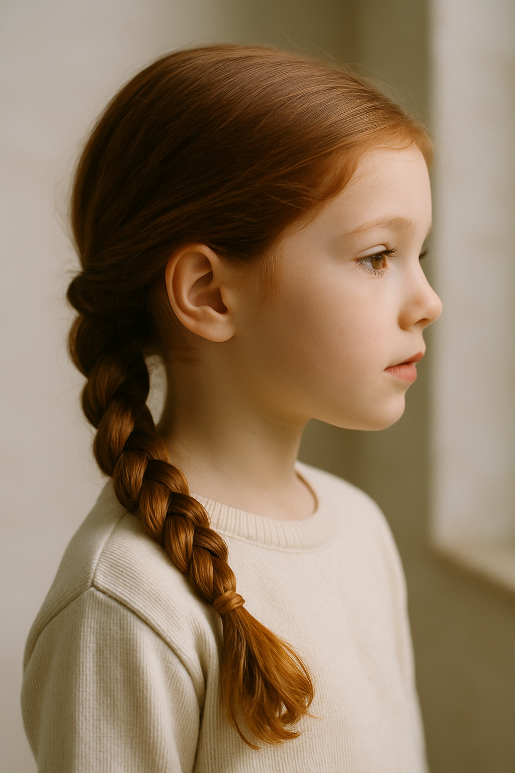 A girl with a low ponytail hairstyle, featuring a neat braid and a cute bow.