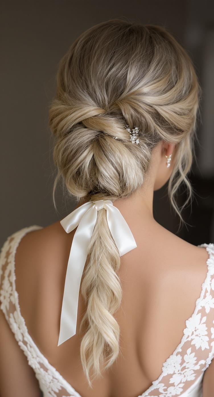 A low side ponytail hairstyle with a satin ribbon and hair accessories, suitable for bridesmaids.