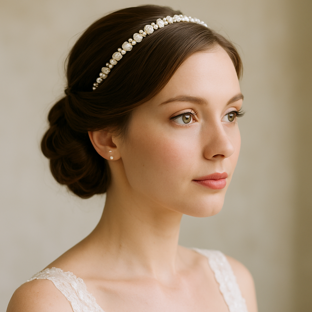 A bridesmaid with a low updo hairstyle adorned with a beaded hairband, showcasing a soft and elegant look.