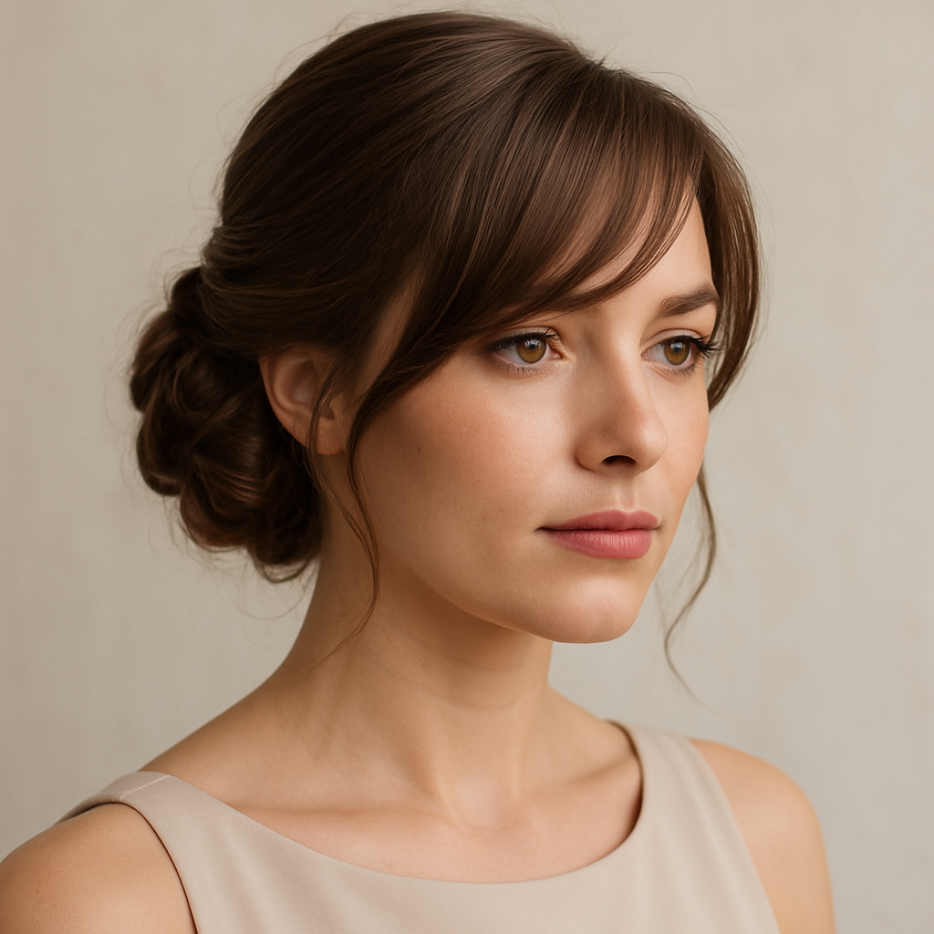 A woman with a low updo hairstyle and side-swept bangs, wearing a simple dress.