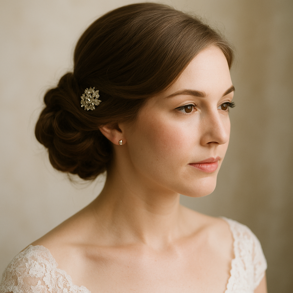 A bride's maid with a low updo hairstyle adorned with a vintage brooch, showcasing elegance and simplicity.