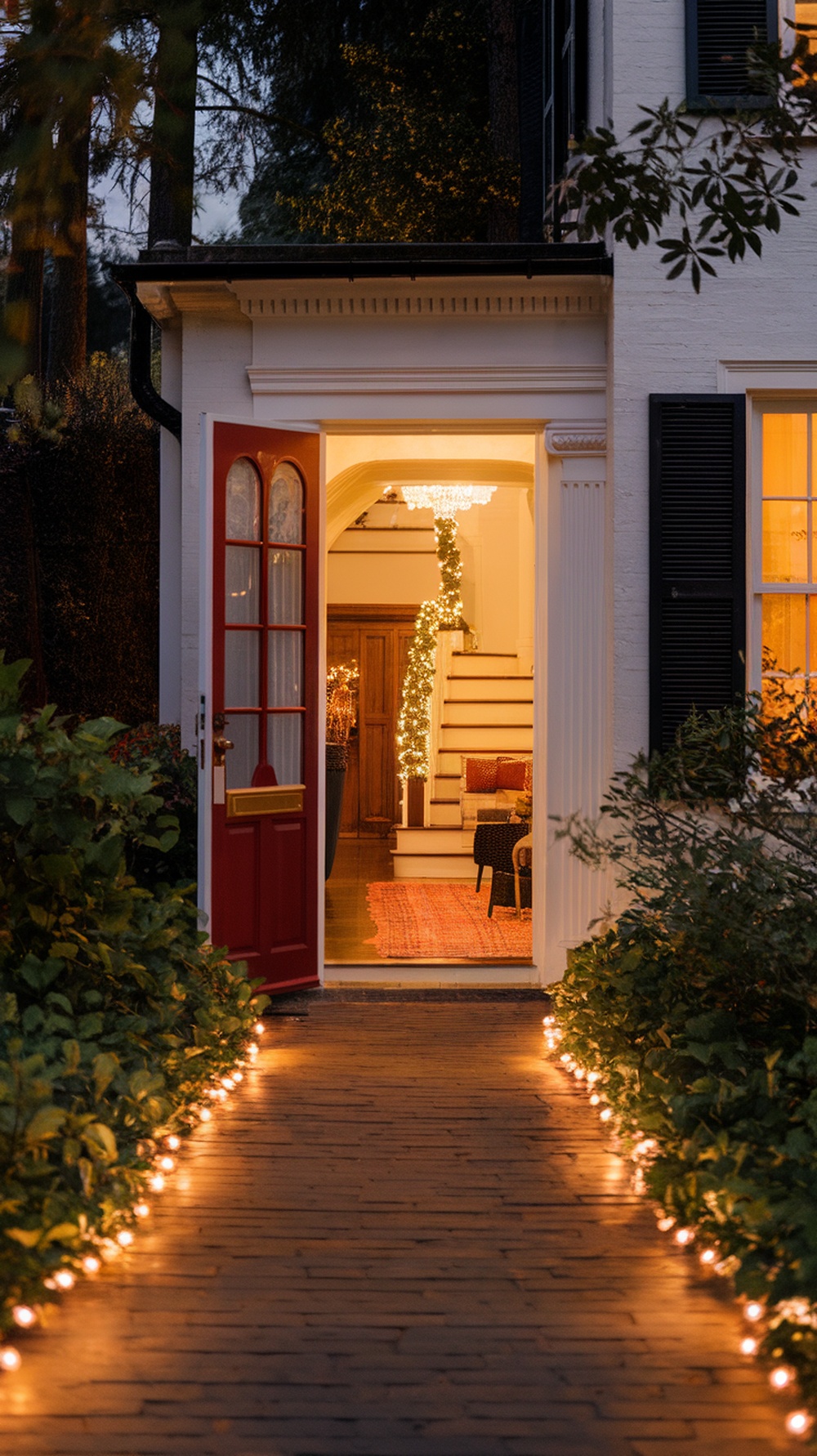 A beautifully lit pathway leading to a red door, adorned with Christmas decorations.