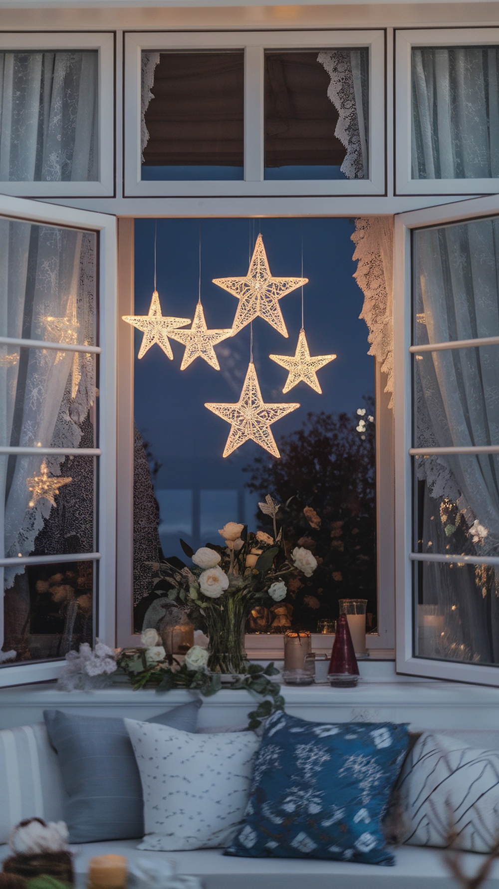 A cozy window decorated with illuminated star decorations, lace curtains, and floral arrangements.