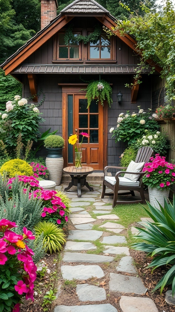 A rustic cottage garden with colorful flowers, stone pathway, and cozy seating area.
