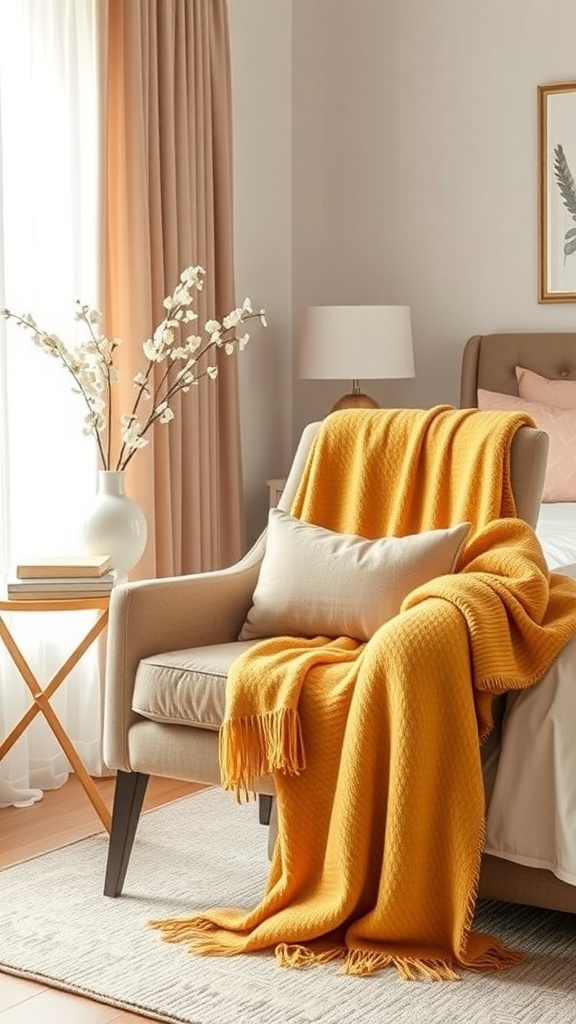 A cozy chair with a gold throw blanket draped over it, set in a stylish bedroom.